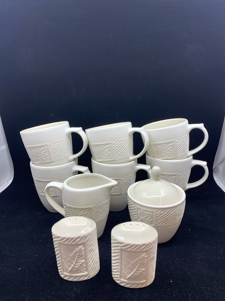 10 PC PFALTZGRAFF CREAM LEAVES EMBOSSED 6 MUGS, CREAMER, SUGAR, SALT AND PEPPER.