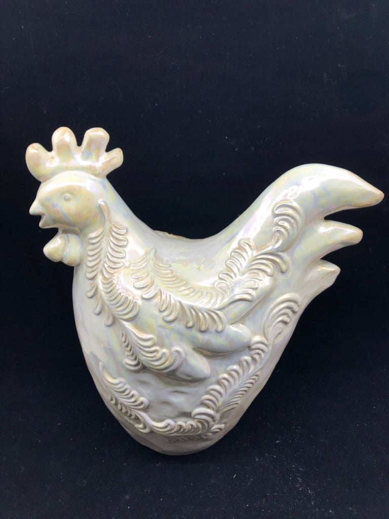 TALL WHITE IRIDESCENT ROOSTER.