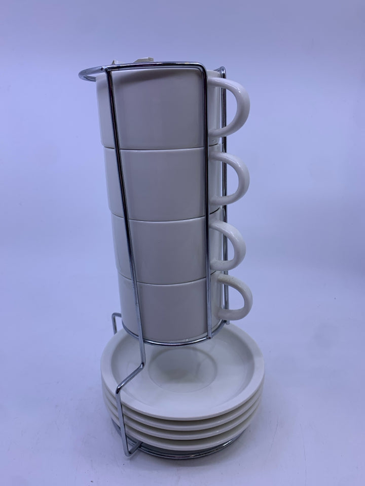 8 PC CUP+ SAUCER SET IN METAL STAND- SMEESE.