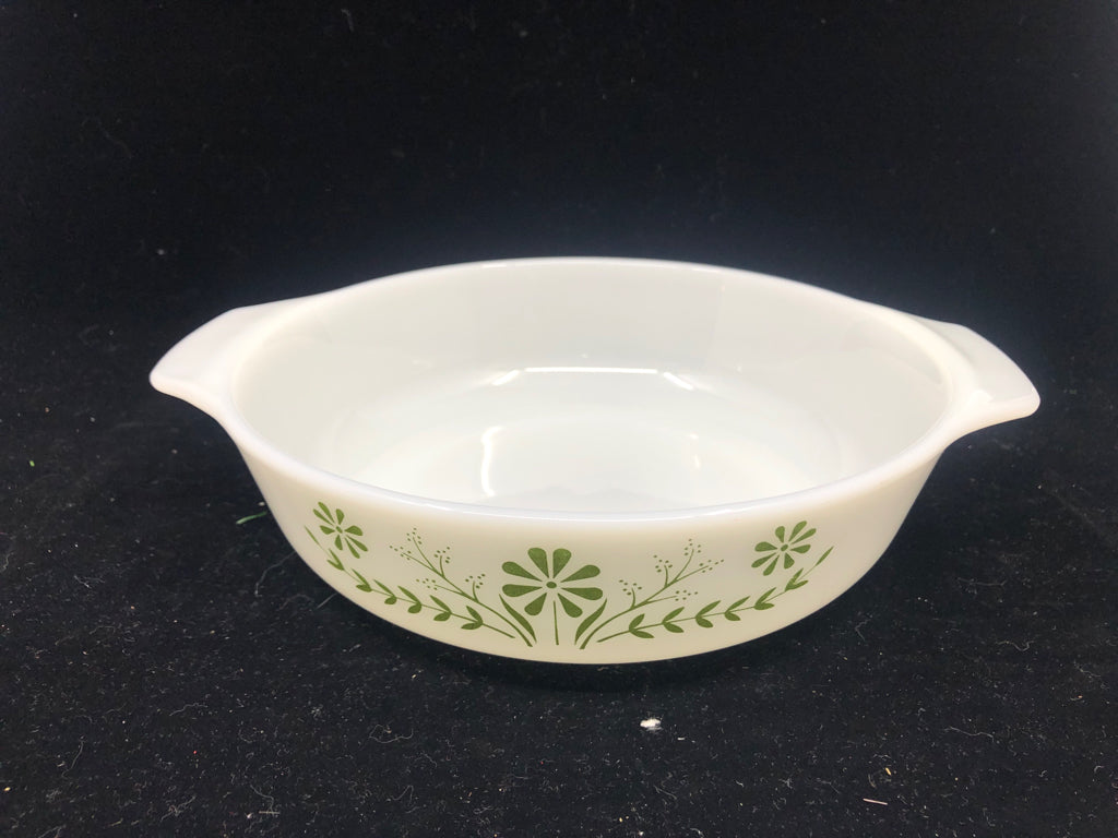 VTG GREEN FLORAL CASSEROLE DISH.