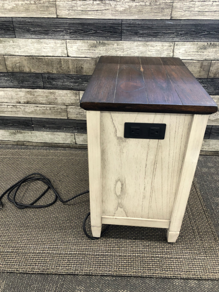 WOOD TOP GREY SIDE TABLE W/DOOR AND OUTLETS.