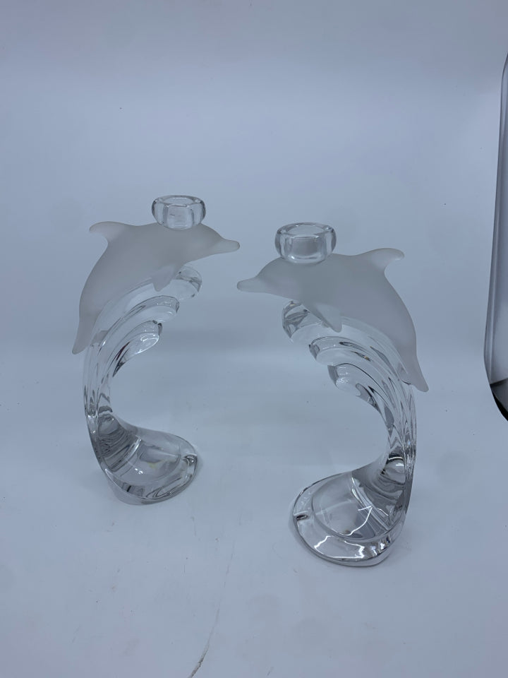 2 HEAVY FROSTED DOLPHIN TAPER CANDLE HOLDER.