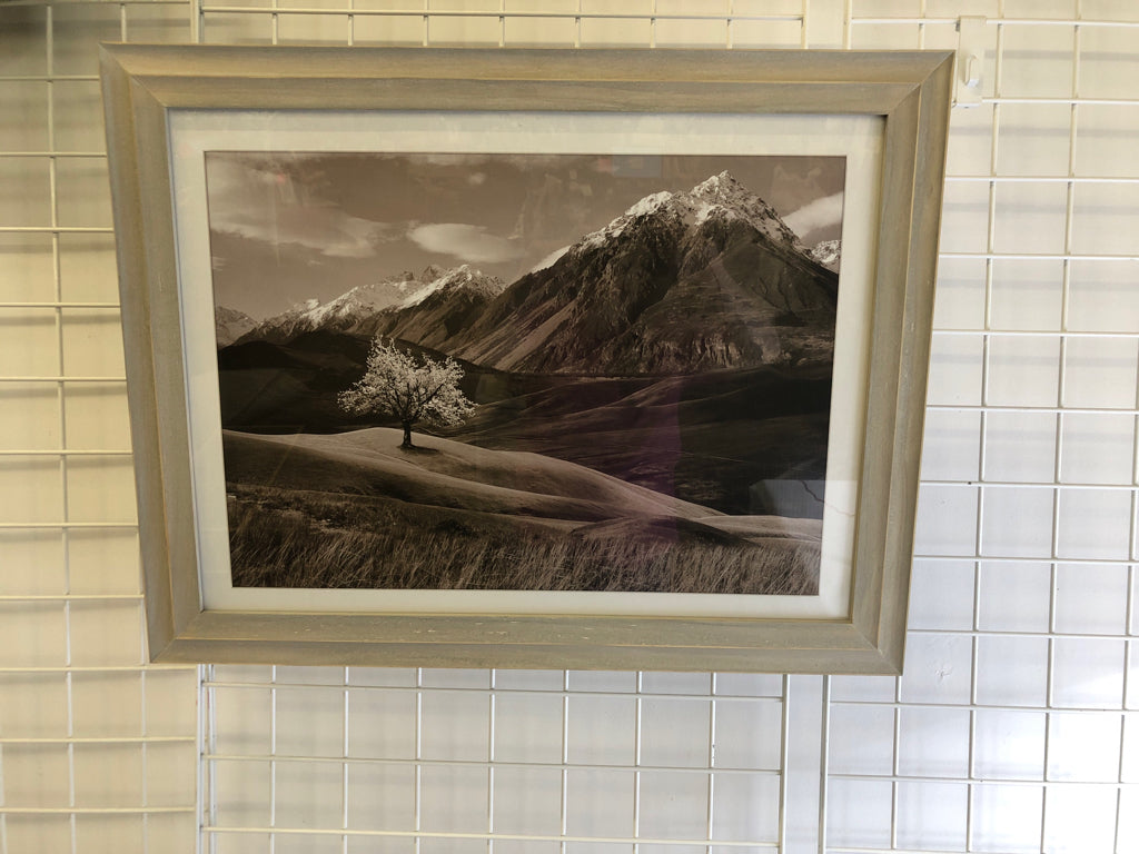 BLACK/WHITE FIELD LANDSCAPE W/ MOUNTAIN IN BACKGROUND.