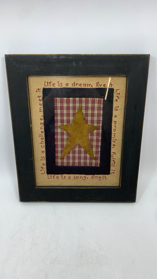 PRIMITIVE LIFE IS A DREAM FABRIC PRINT IN BLACK DISTRESSED FRAME.