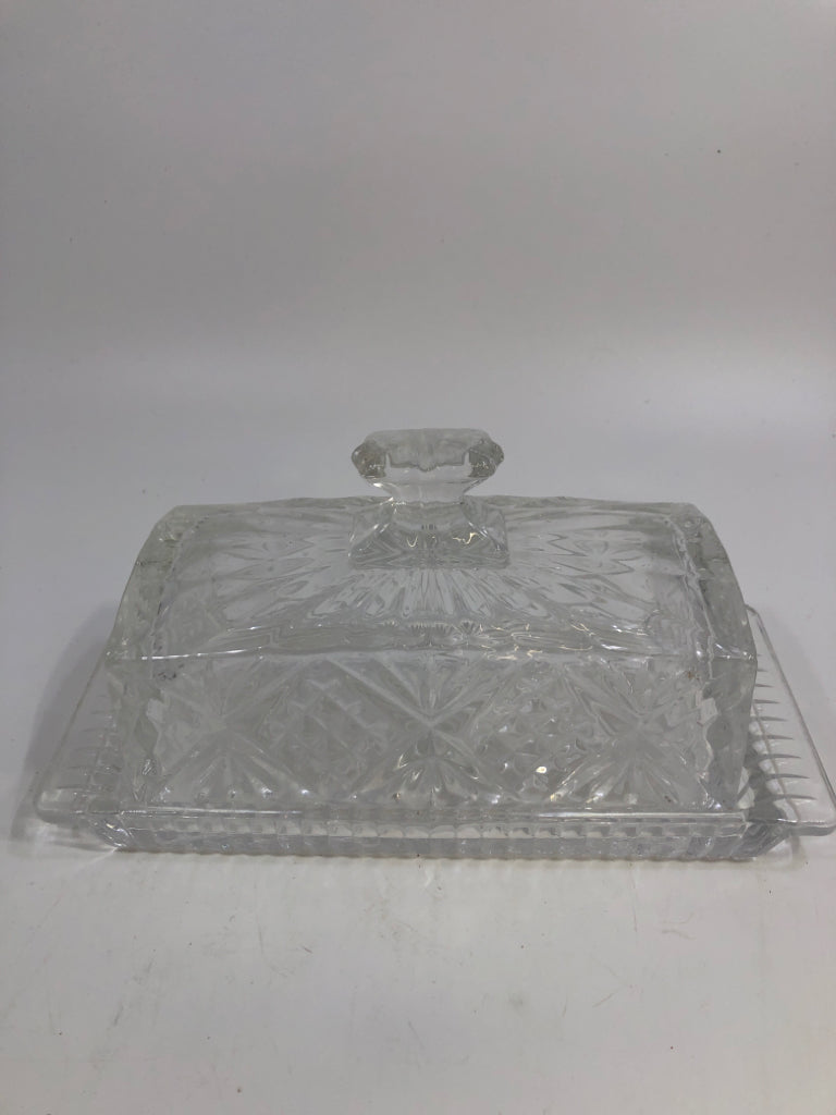 CUT GLASS BUTTER DISH W/CRYSTAL PATTERN.