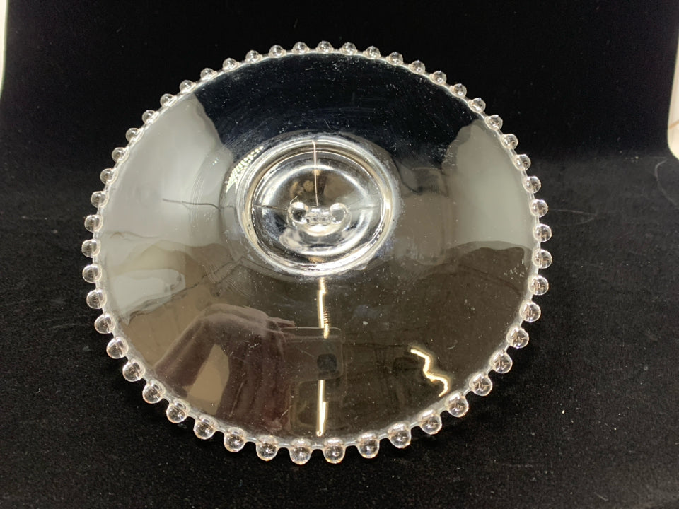 VTG CUT GLASS TRAY W/BEADED EDGE AND HEART HANDLE.
