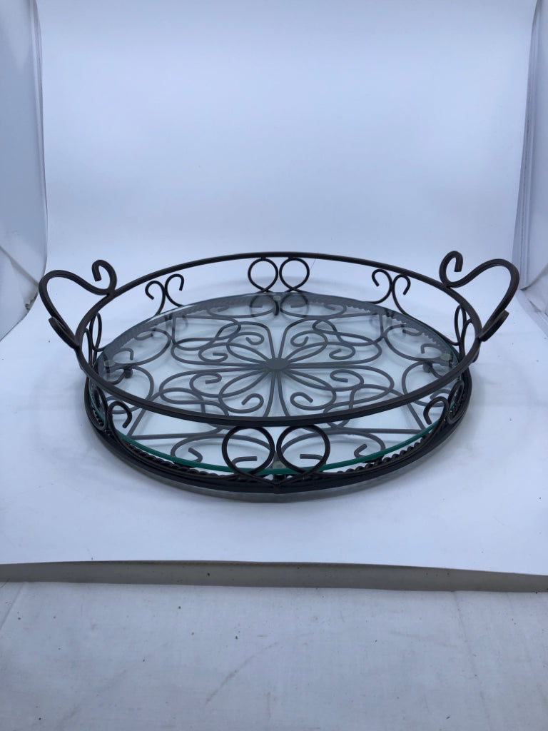 HEAVY BROWN METAL WITH GLASS SERVING TRAY WITH HANDLES.
