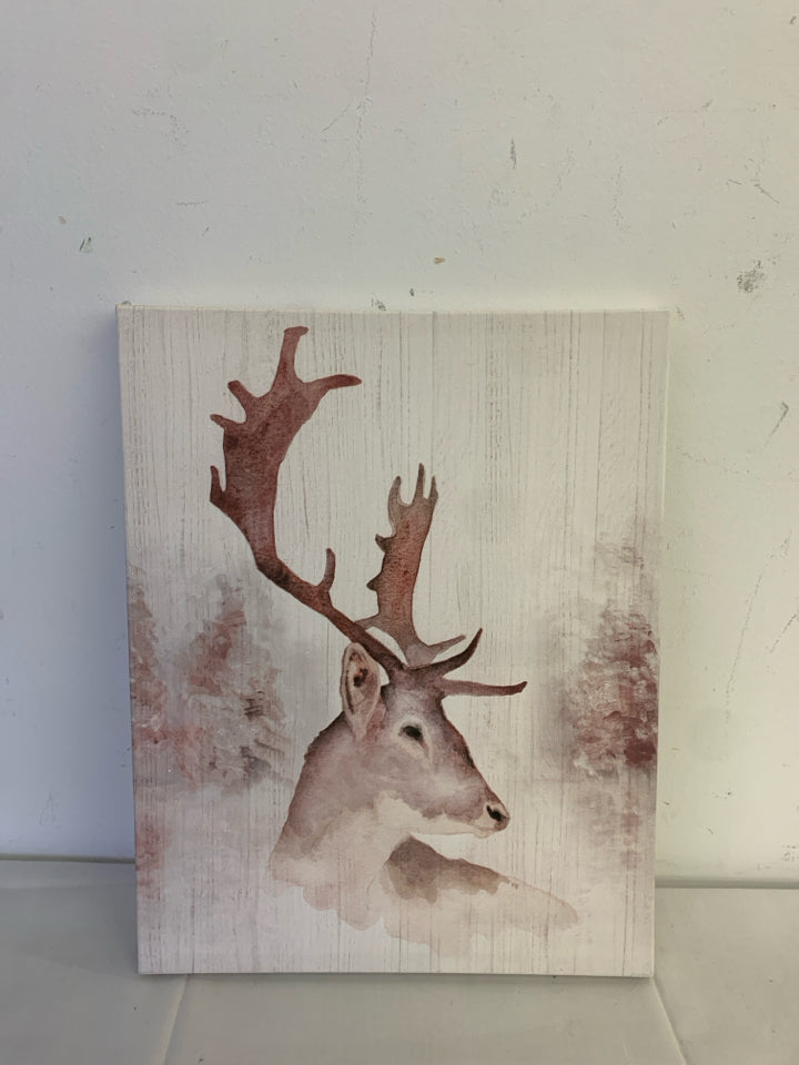 WHITE AND RED WATER COLOR DEER STAG CANVAS WALL ART.