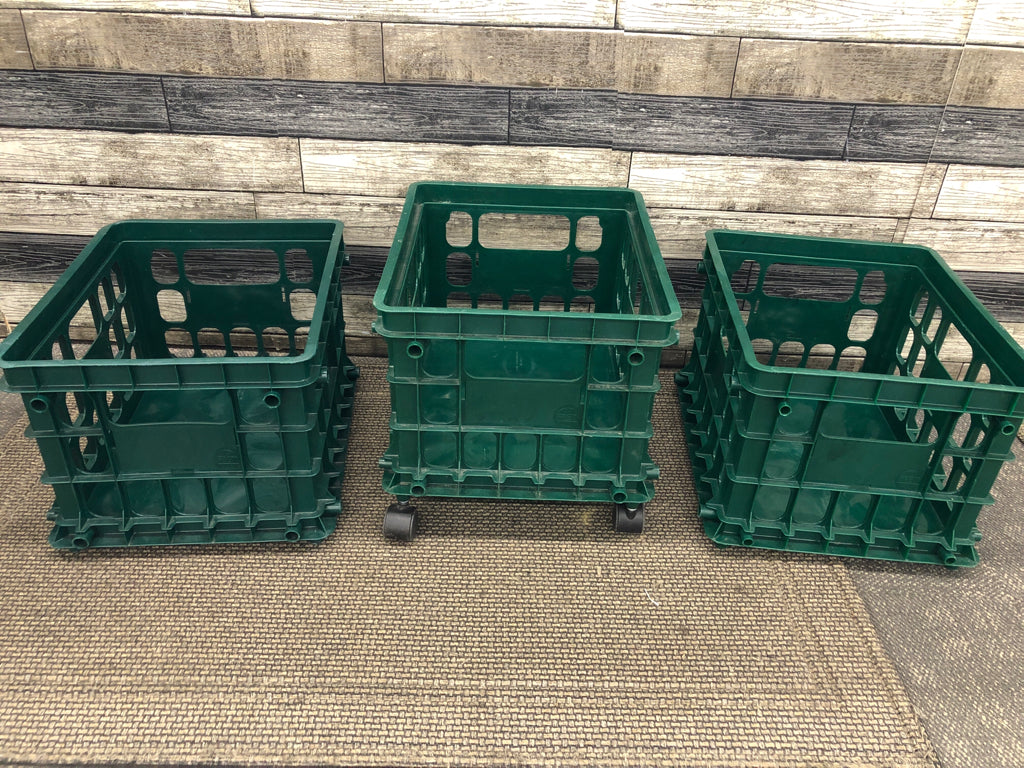 3PC STACKED GREEN ROLLING CRATE.