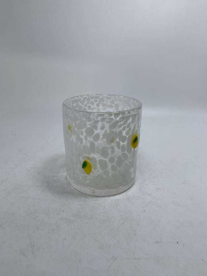 BLOWN GLASS WHITE SPECKLED VASE W/ EMBOSSED LEMONS.