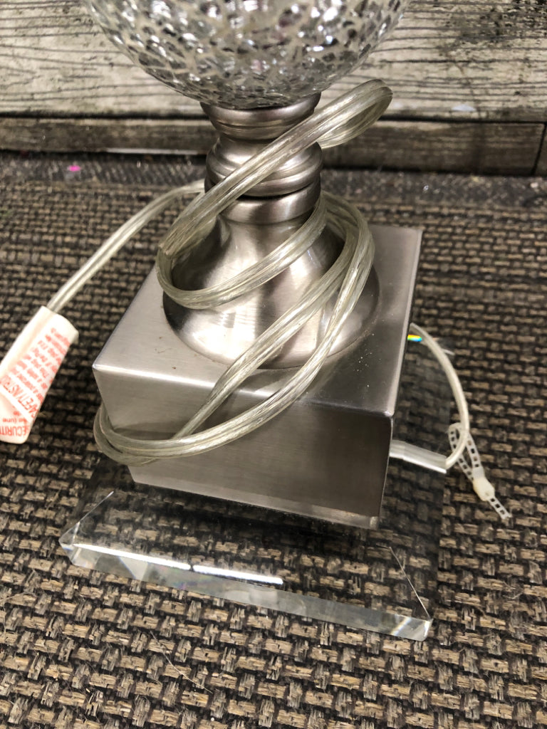 SILVER BASE LAMP W/CRYSTAL BALLS.