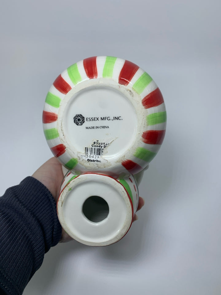 CERAMIC SNOWMAN HOLDING STRIPED SACK CANDY DISH.