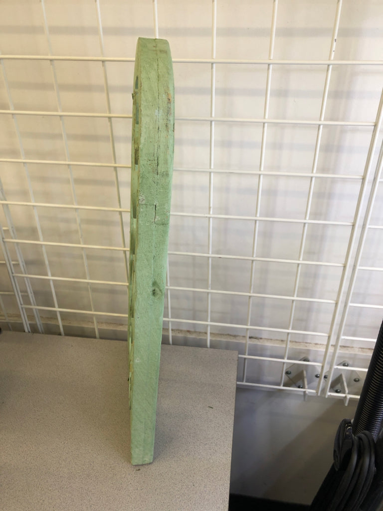 DISTRESSED GREEN PAINTED ARCH W/ METAL SCROLL WALL ART.