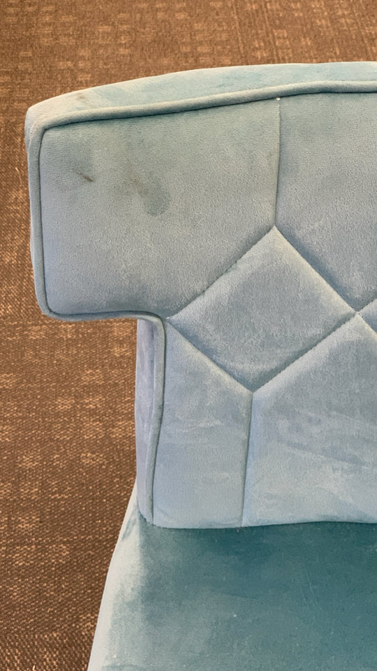 TEAL BLUE VELOUR OFFICE SWIVEL CHAIR W/ GOLD STUDS/LEGS.