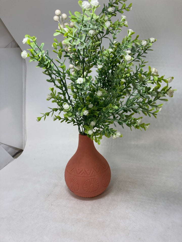 CARVED TERRA COTTA PLANTER W/ FAUX LITTLE WHITE FLOWERS/PEARLS.