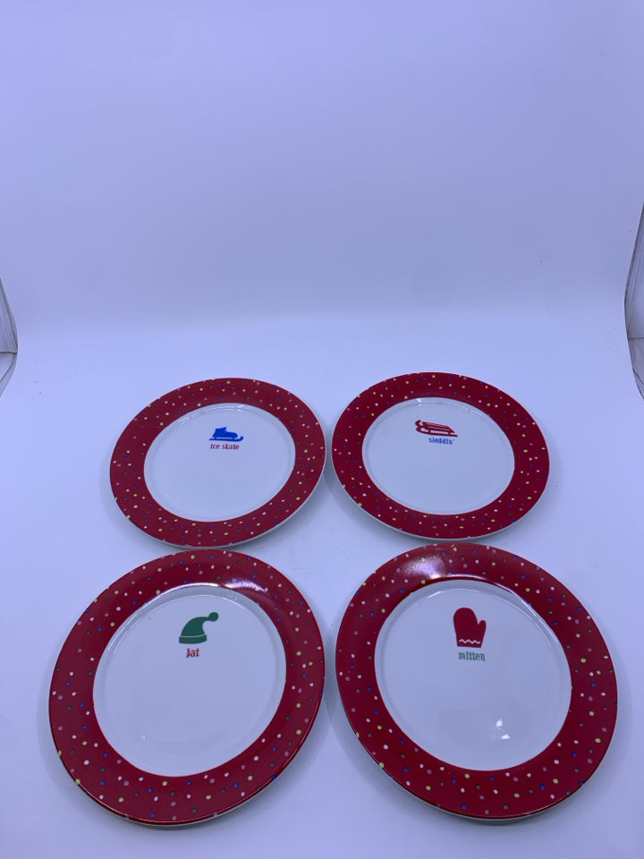 4 RED RIMMED HOLIDAY DECORATIVE PLATES.