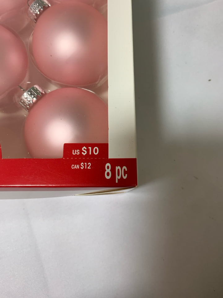 8 PINK BULB GLASS ORNAMENTS.