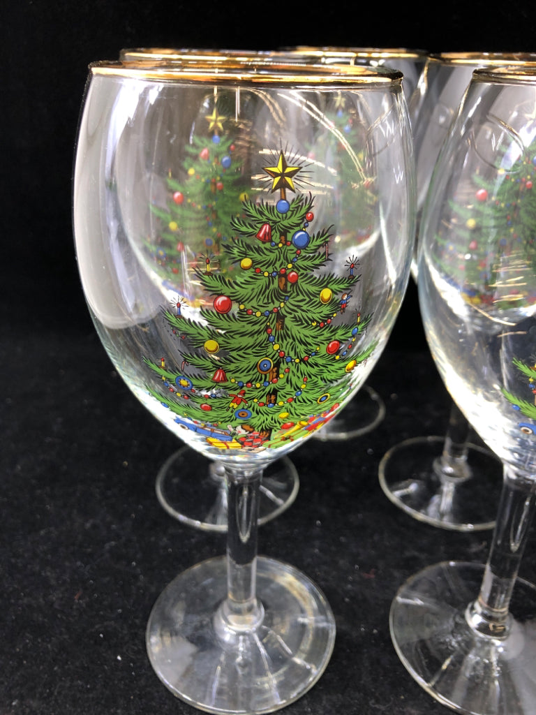 5 TALL WINE GOBLETS CHRISTMAS TREE/GOLD TRIM.