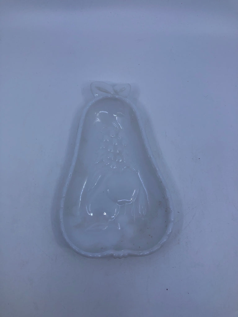 VTG MILK GLASS EMBOSSED PEAR TRAY.