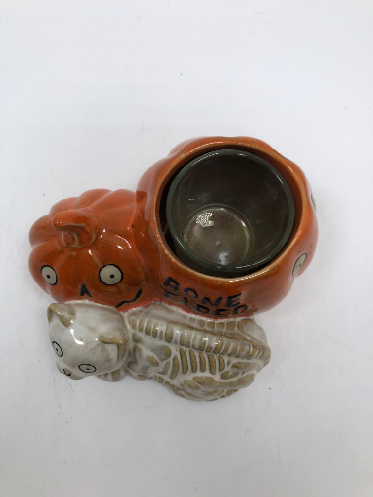 VOTIVE CANDLE HOLDER BONEY BUNCH PUMPKIN & SKELETON CAT -YANKEE CANDLE.