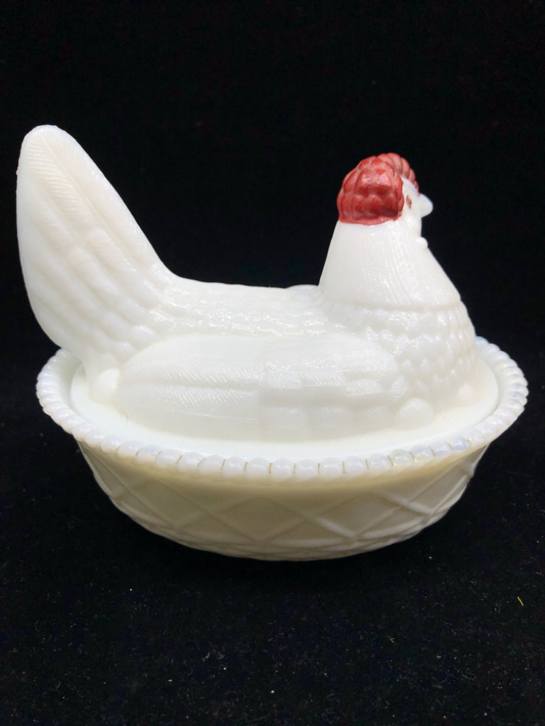 VTG MILK GLASS HEN IN BASKET.