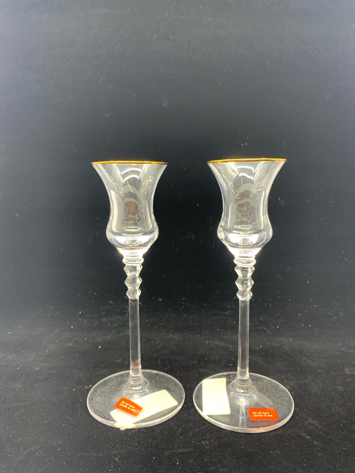 2 TAPERED CANDLE HOLDERS W/ GOLD RIM "SONATA".