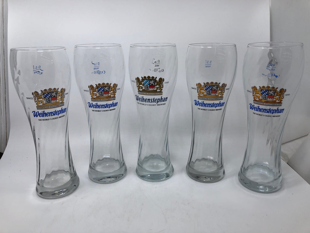 5 WEIHENSTEPHAN GLASS BEER GLASSES.