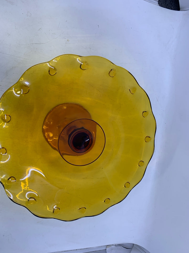 VTG AMBER GLASS CAKE STAND.