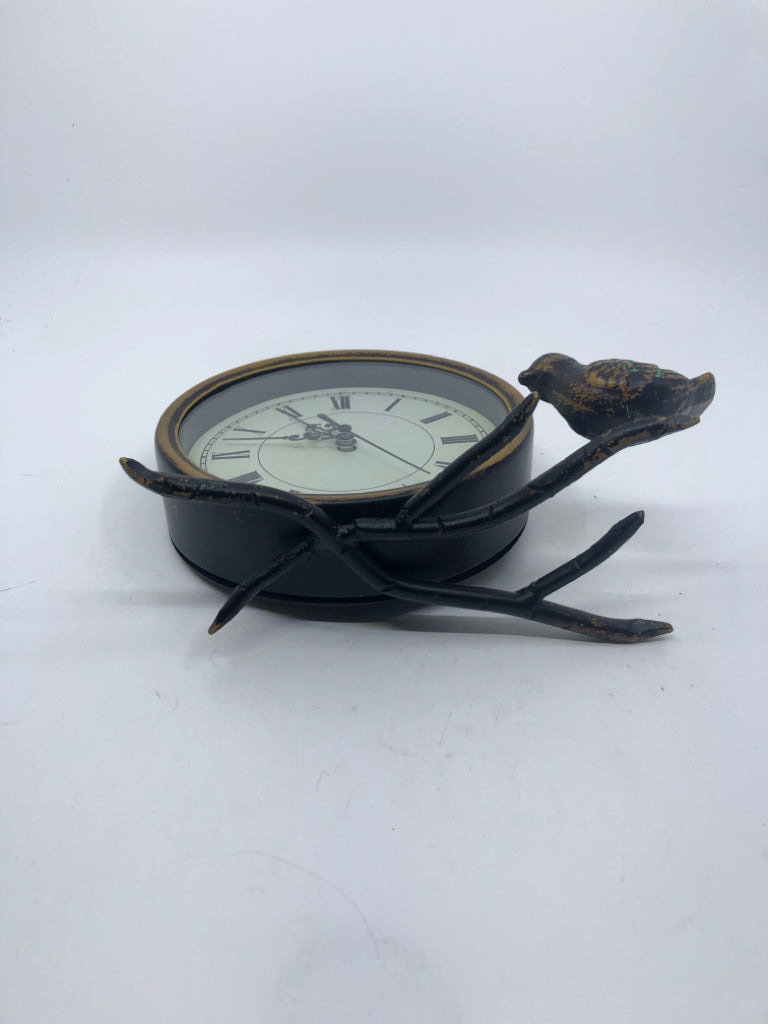 DISTRESSED METAL CIRCLE CLOCK W/ BIRD ON BRANCH.