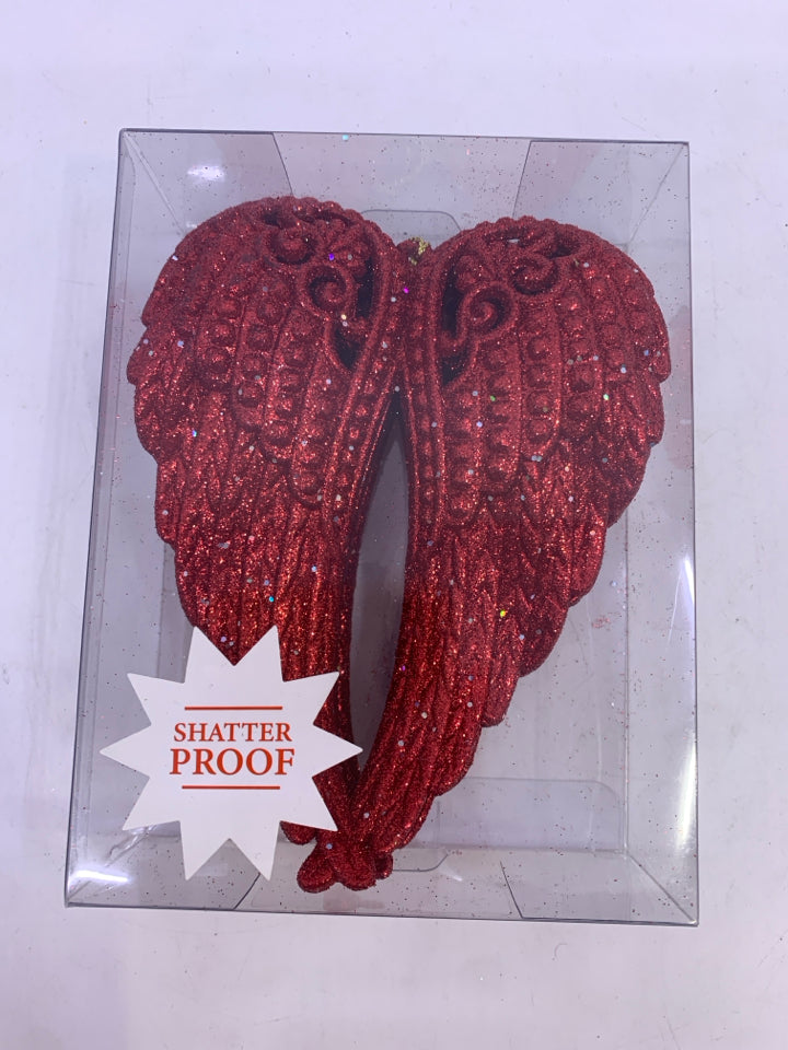 NIP 3 RED GLITTER ANGEL WINGS ORNAMENT.
