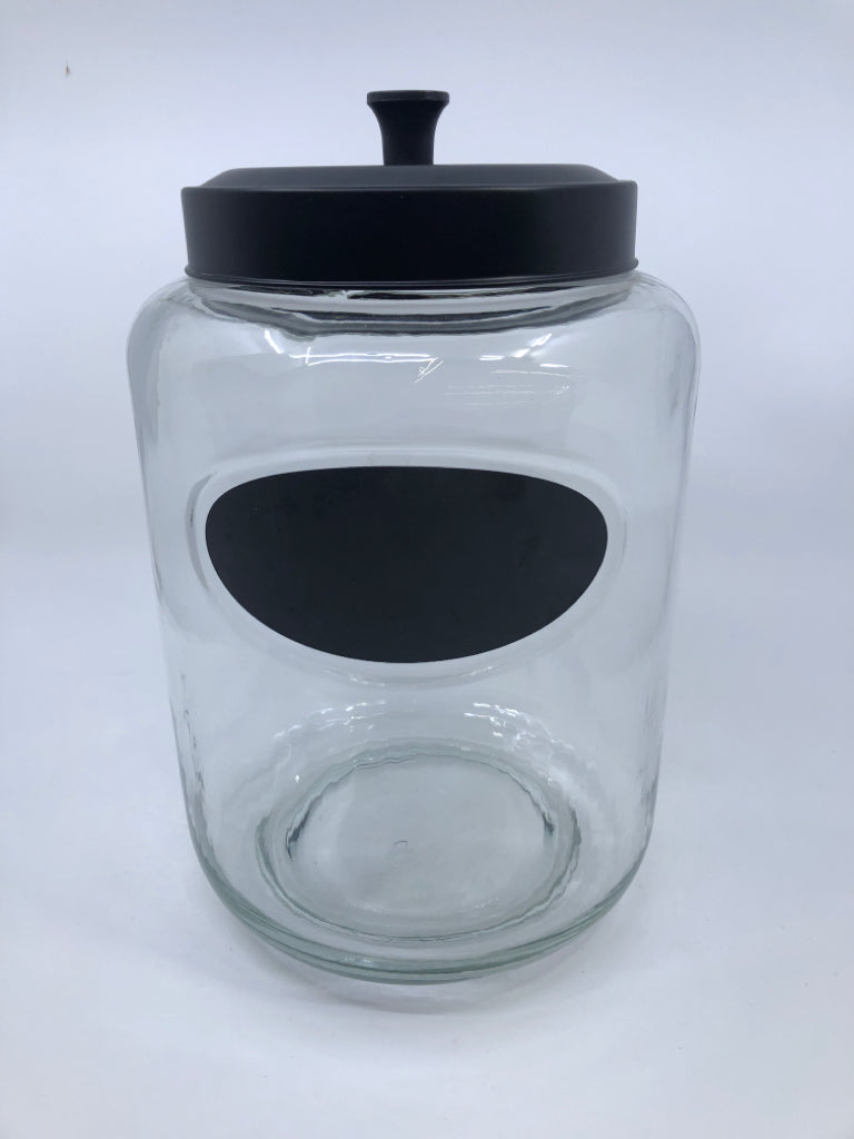 LARGE GLASS CANISTER W/ CHALKBOARD LABEL BLACK TOP.