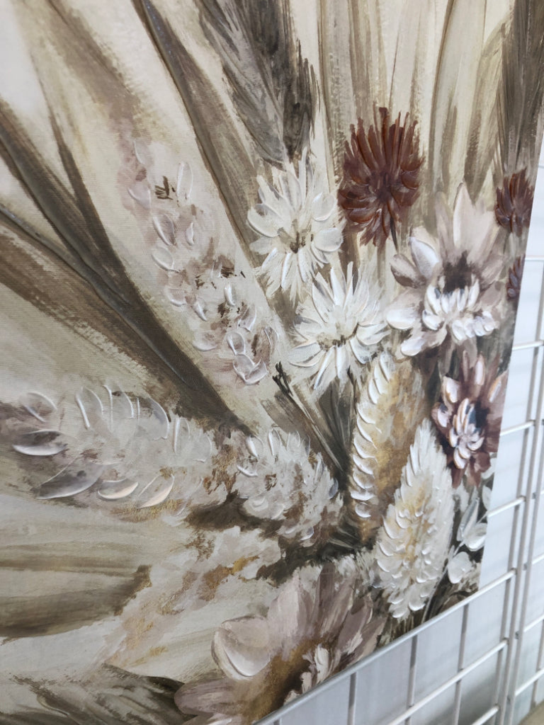 TEXTURED FLOWERS/WHEAT ON CANVAS.