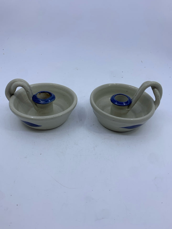 2 GREY W BLUE LEAVES POTTERY TAPER CANDLE HOLDER W HANDLES.