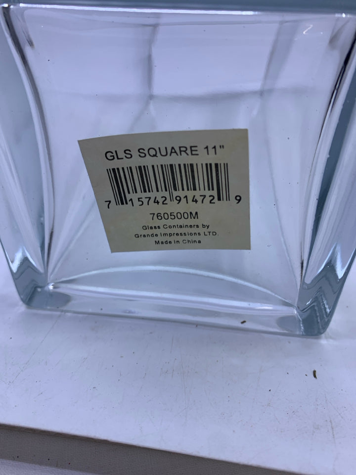 TALL SQUARE THICK GLASS VASE.