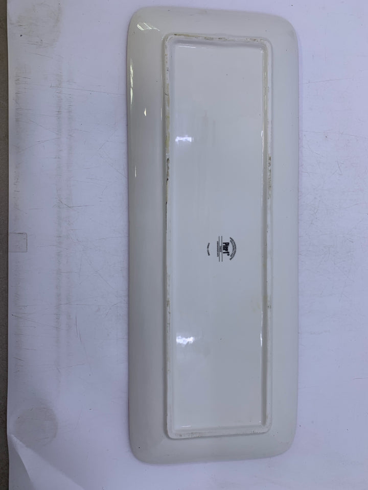 CERAMIC RECTANGLE PIER 1 WHITE RED RIM/CHRISTMAS TREES TRAY.