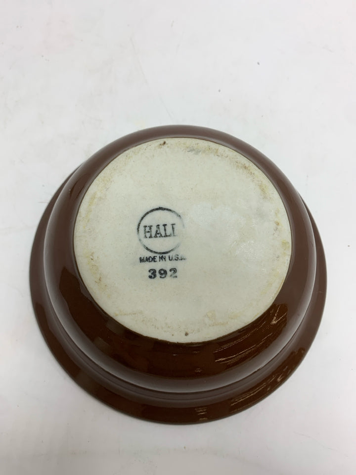 3 VTG BROWN STONEWARE CUSTARD BOWLS.