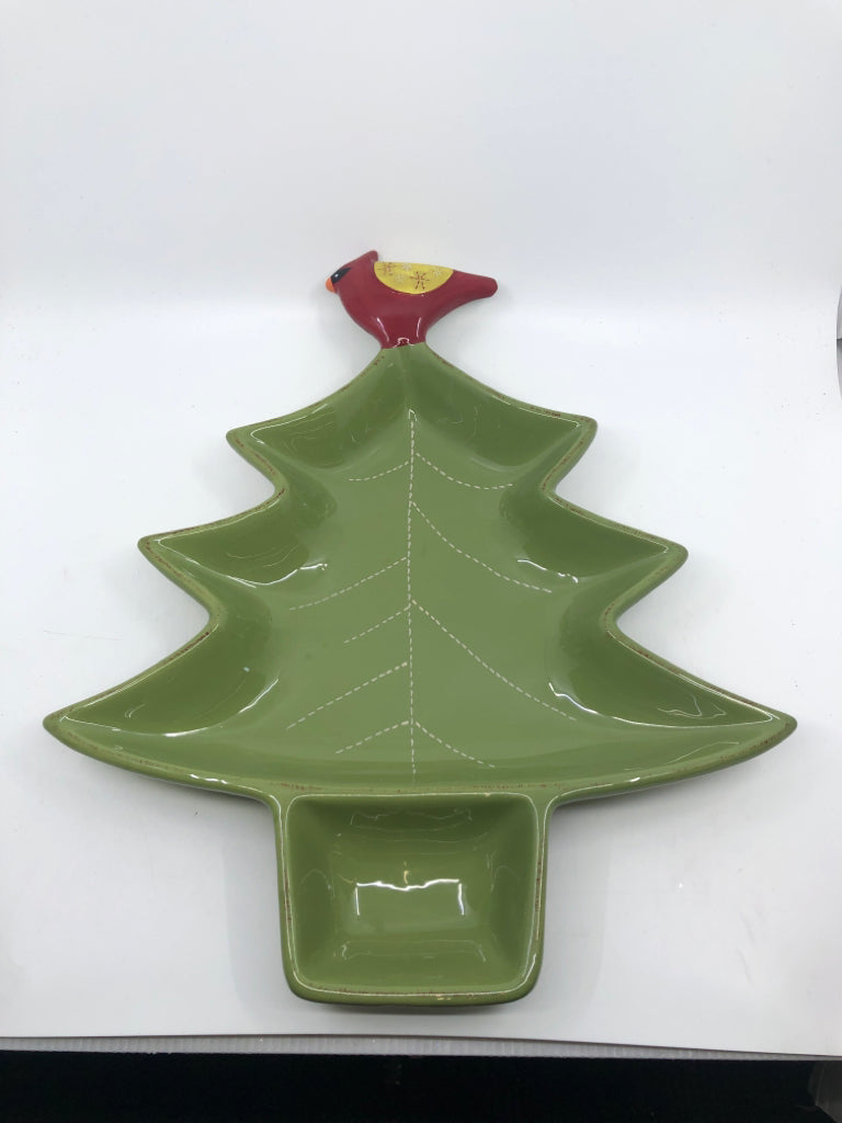 LARGE CERAMIC CHRISTMAS TREE W/ CARDINALS ON TOP.