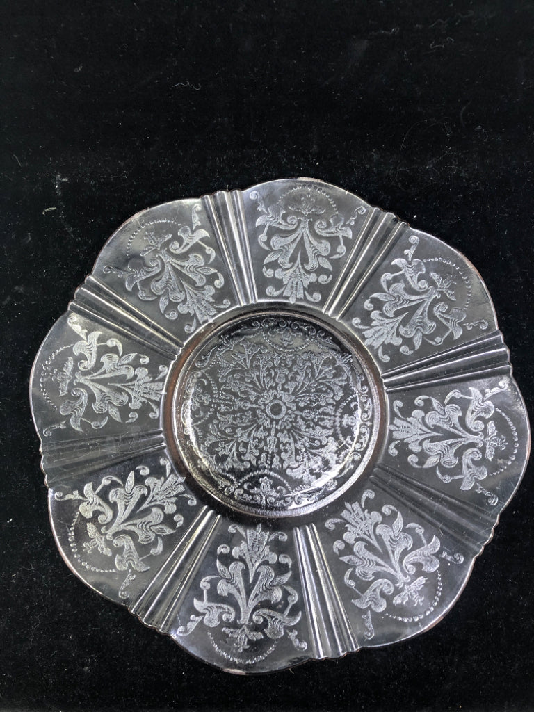 VTG PINK ETCHED GLASS PLATTER.