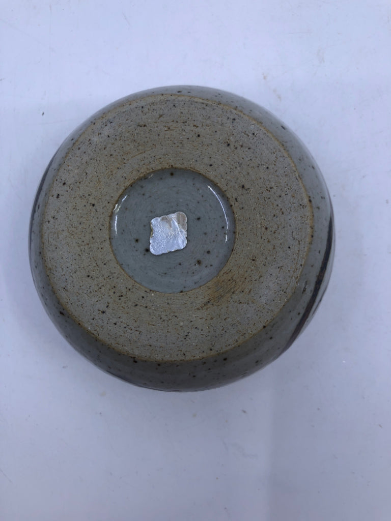 3 GREY POTTERY W FLORAL NESTING BOWLS.