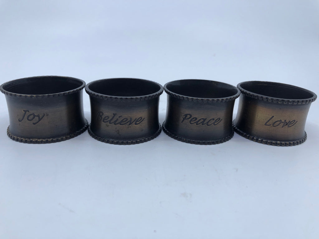 4 BLACK BROWN METAL NAPKIN RING HOLDER W SCRIPT.