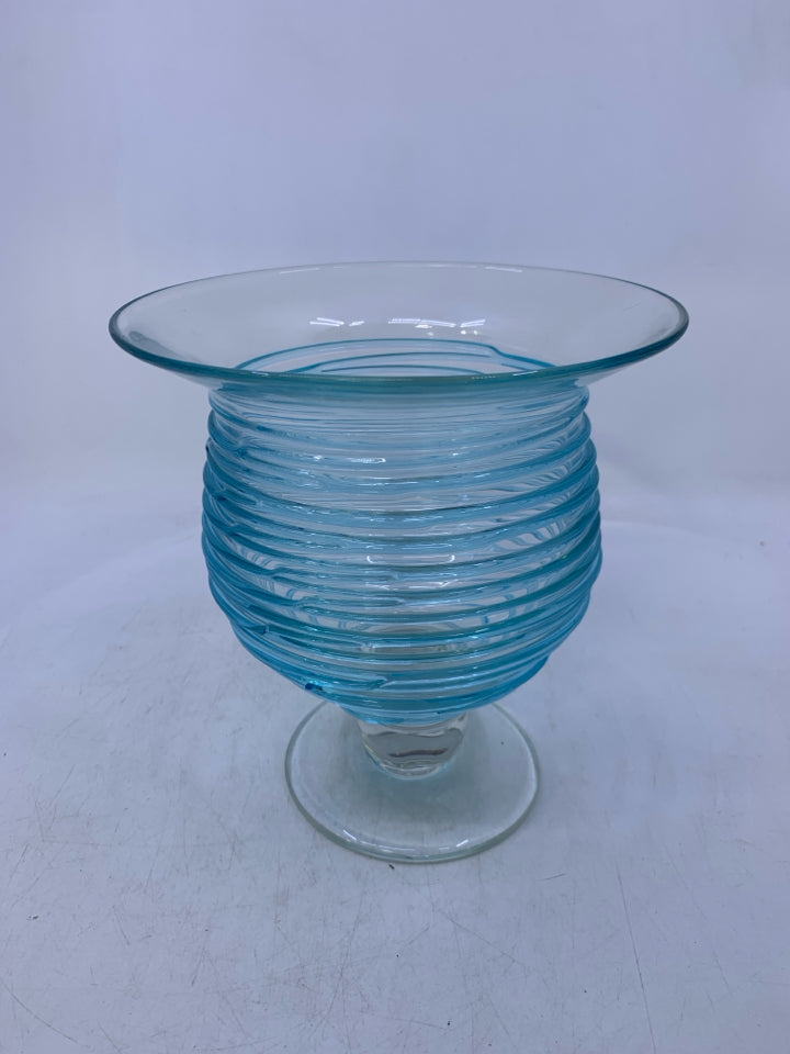 FOOTED GLASS CANDLE HOLDER W/ BLUE LINES.