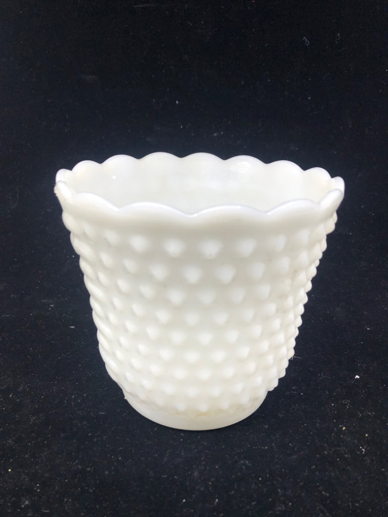 VTG MILK GLASS SCALLOP EDGE HOBBNAILED VASE.