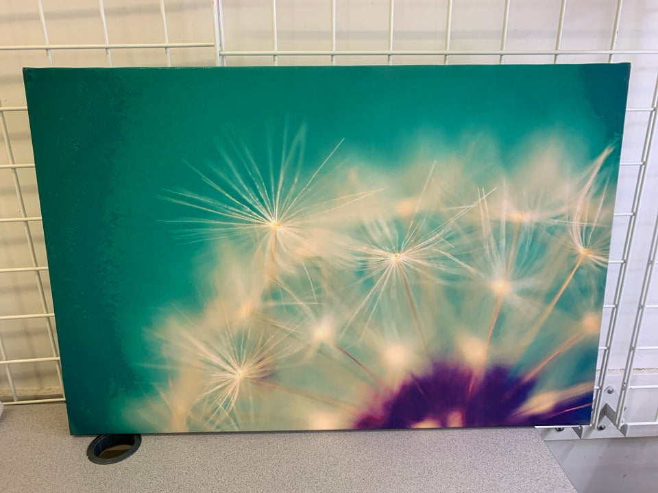 TEAL +PURPLE DANDELION CANVAS WALL ART.