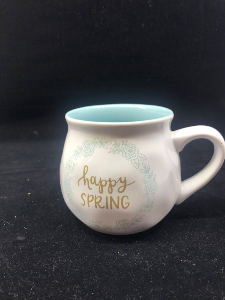 BLUE AND WHITE HAPPY SPRING MUG.