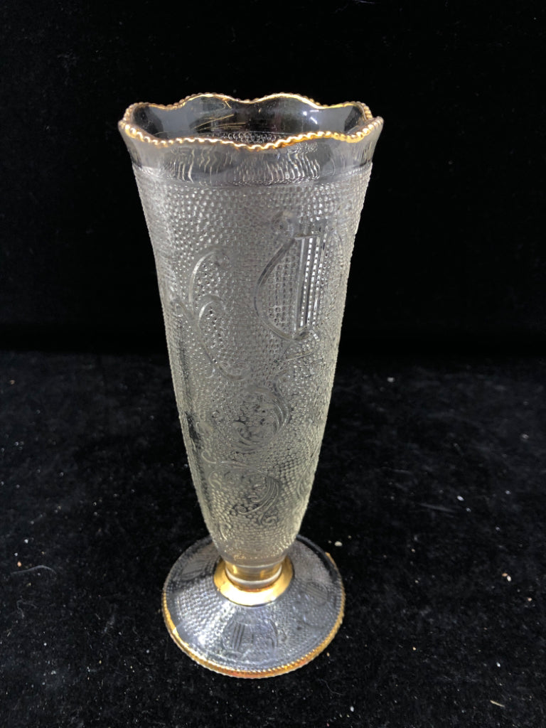 VTG SKINNY EMBOSSED W GOLD RIM FOOTED VASE.