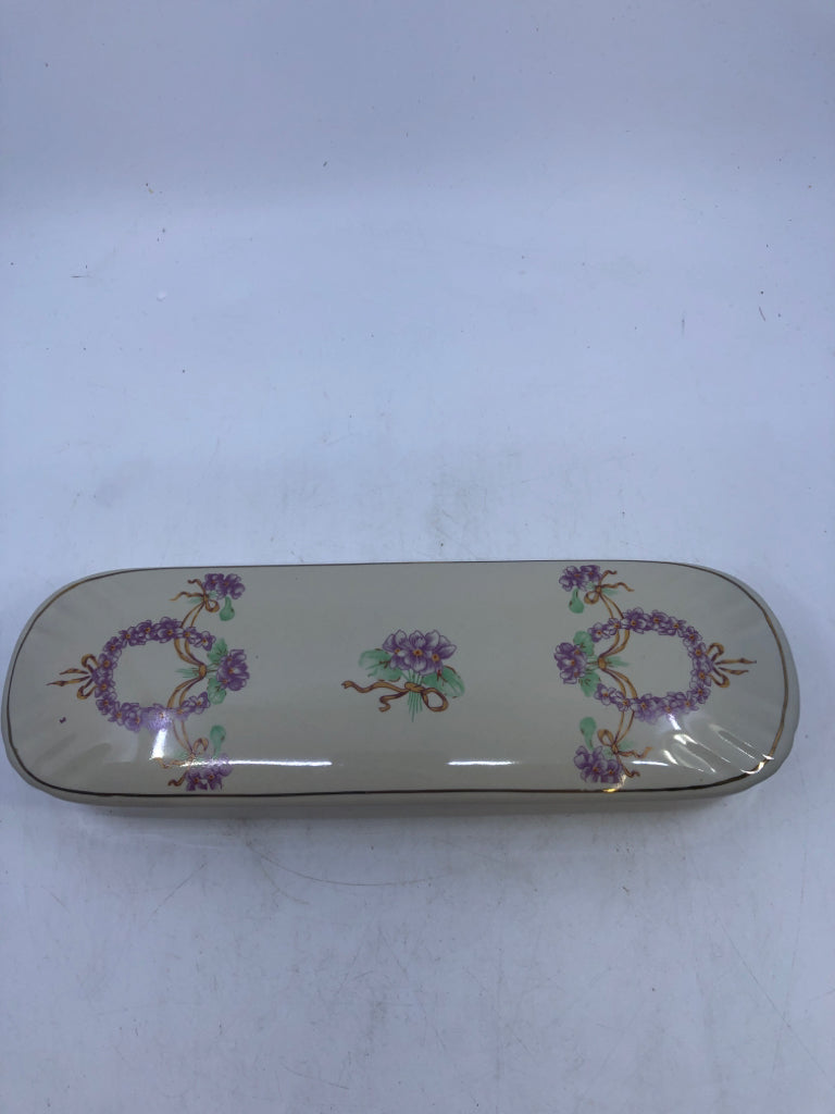 OVAL CERAMIC BEIGE JEWELRY BOX W/ LID PURPLE FLOWERS.
