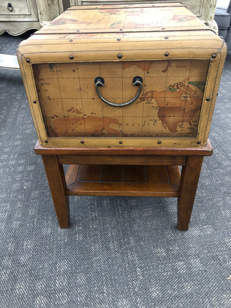 MAP FAUX LEATHER DESIGN SIDE TABLE CHEST SHAPE W/ DRAWER.