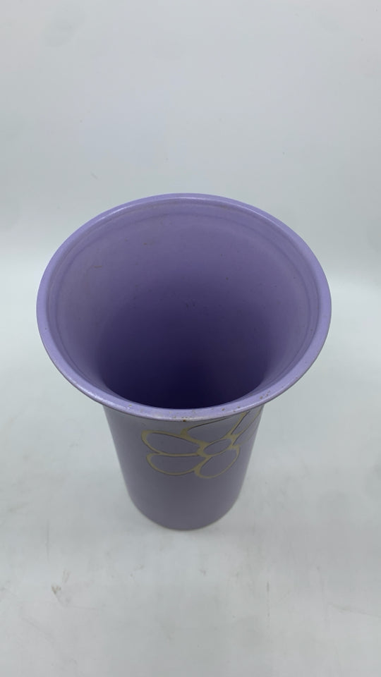 PURPLE CERAMIC VASE W/WHITE FLOWER ETCHING.
