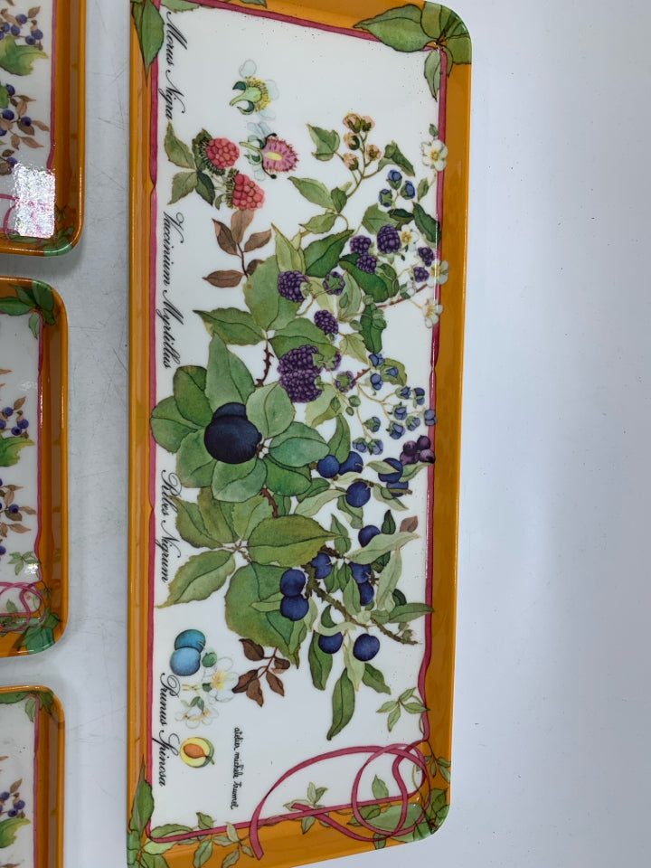 4 PC BOTANICAL BERRY THEME MELAMINE TRAY SET MICHELE TRUMEL.