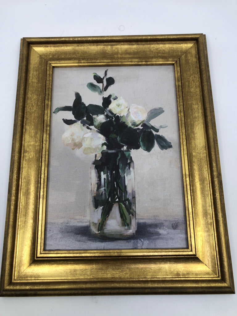 WHITE ROSES IN CLEAR VASE WALL ART W/ GOLD FRAME.